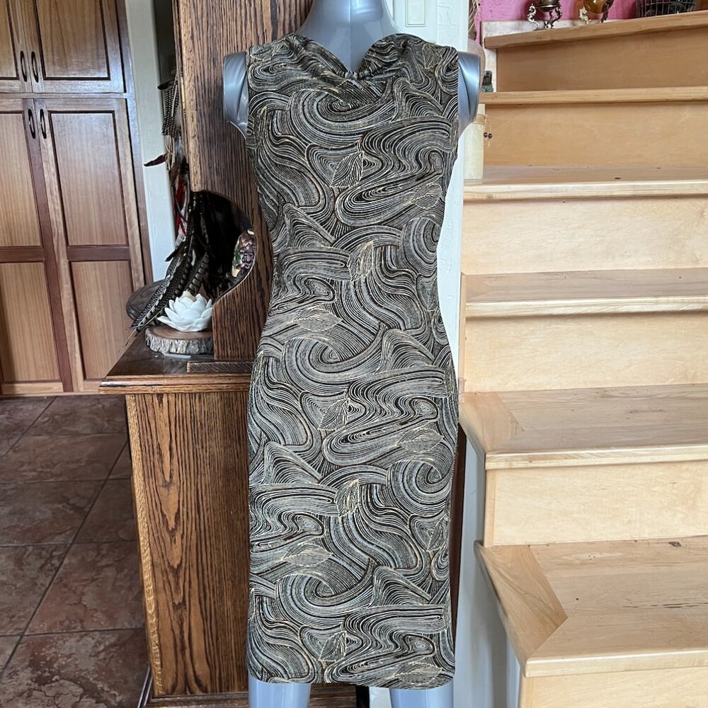 San Joy Sleeveless Stretch Cowl Neck with Swirls and Leaf Pattern, Gold Accents